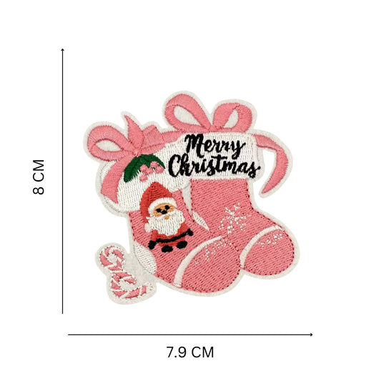 Iron-On or Sew-On Embroidered Pink Christmas Stocking Patch