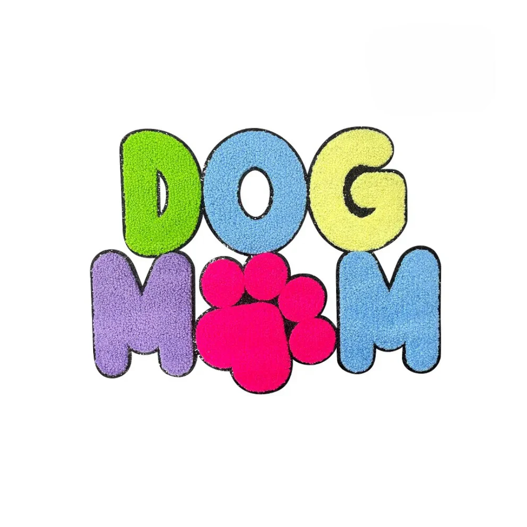 Iron On Big Chenille Black Glitter Edge "Dog Mom" Patch