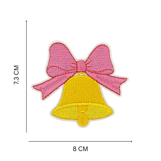Christmas Bell – Pink Bow & Yellow Bell Embroidered Iron-On Patch