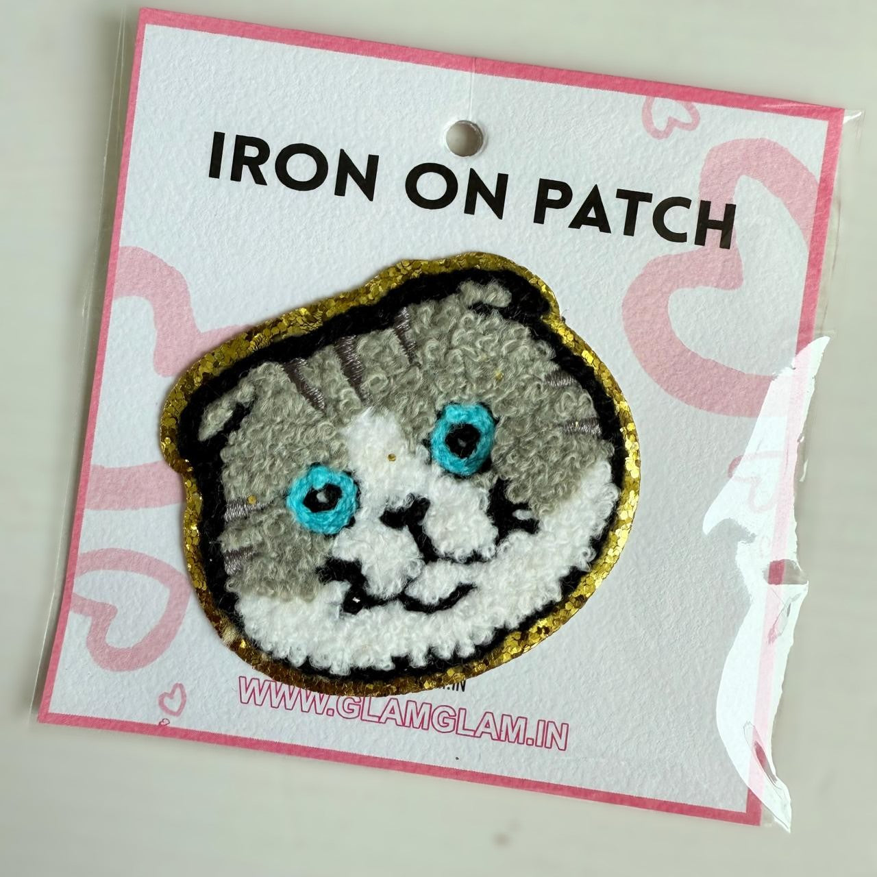 Iron On Grey Cat Face Chenille Patch – Soft Fuzzy Design with Gold Edges for Clothes, Bags & DIY Decoration