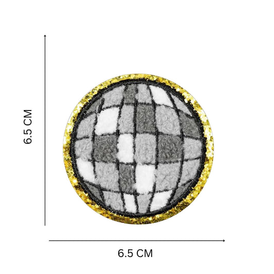 Iron-On Patch, Grey Disco Ball Chenille Patch with Gold Edges for Clothes & Accessories
