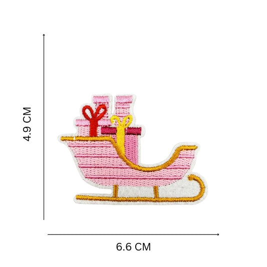 Pink Christmas Sleigh Iron-On Embroidered Patch