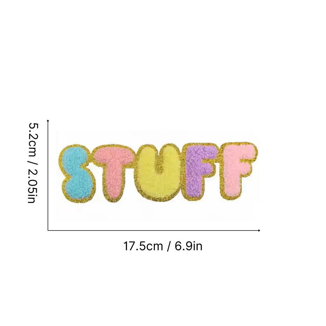 Iron-On/ Sew On Chenille Patch - Words "Stuff", "Lunch", "Case"
