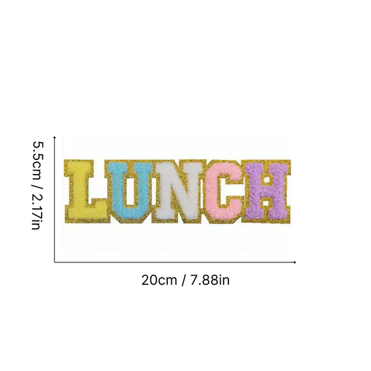 Iron-On/ Sew On Chenille Patch - Words "Stuff", "Lunch", "Case"