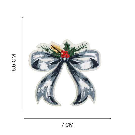 Silver Christmas Bow Embroidered Iron-On Patch – Elegant Holiday Design
