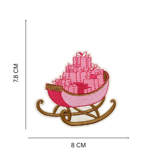 Pink Christmas Sleigh Embroidered Iron-On Patch – Festive Gift Sleigh Design