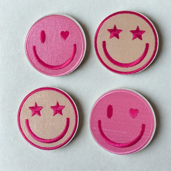 Iron On Pink Embroidered Smiley Face Patch – Cute Design for Jackets, Caps, Backpacks & DIY Decoration