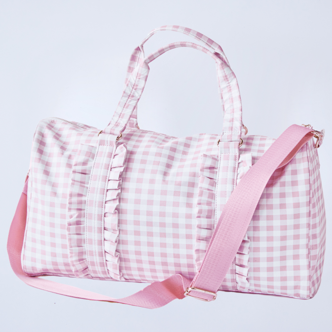 Gingham Ruffle Duffel Bag – Chic & Elegant, Perfect as a Dance Bag, Ballet Bag, Gym Bag, Weekend Bag, or Overnight Travel Bag, Personalizable with Letters and Fun Patches