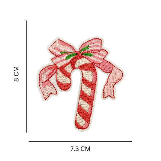 Candy Cane Embroidered Patch (8 x 7.3 cm) – Festive Pink & Cream Iron-On Patch with Bow