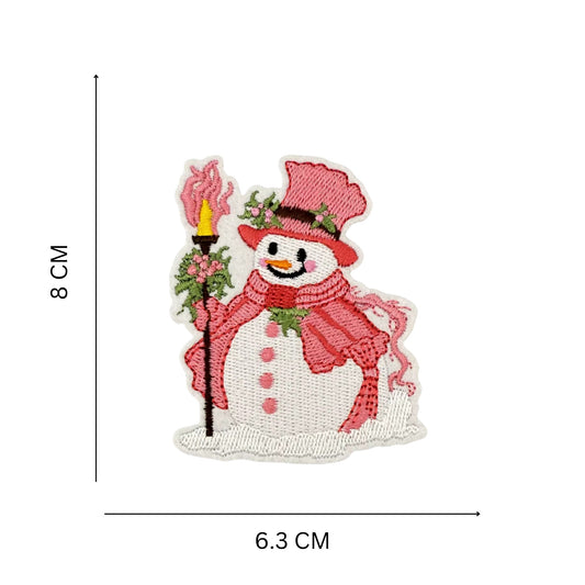 Pink Snowman Embroidered Iron On Patch for Christmas Crafts and Personalization