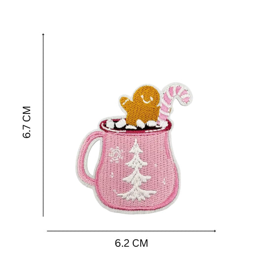 Pink Hot Cocoa Mug Embroidered Patch, Festive Iron-On/ Sew-On Christmas Patch for Clothes & Gifts