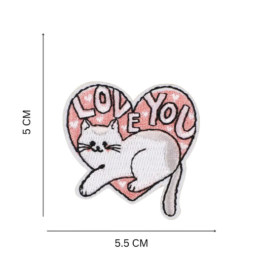 Adorable Cat in Love Heart Patch (5.5 × 5 cm) – Embroidered Iron-On for DIY Fashion