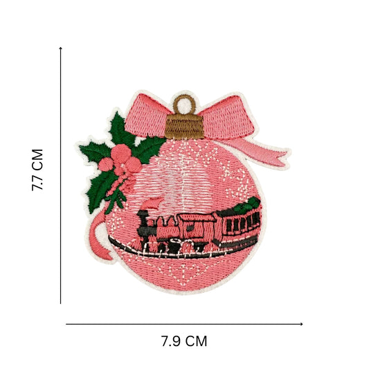 Christmas Bauble Patch (7.9 x 7.7 cm) – Pink Embroidered Ornament Iron-On with Train & Holly