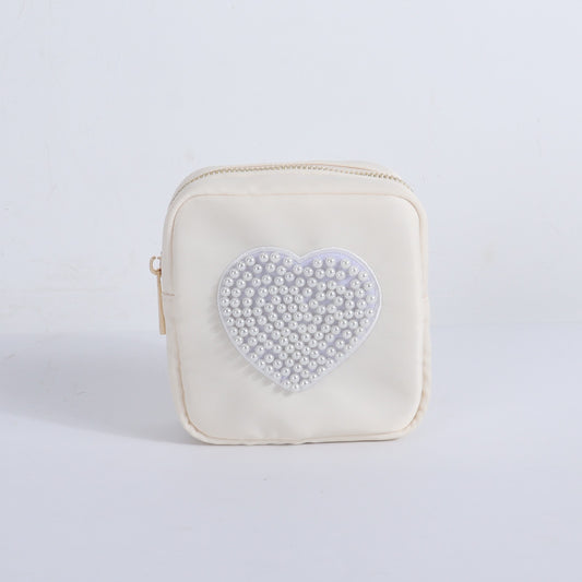 Ready-Made Mini Pouch with Pearl Heart Patch – Perfect for Organizing Small Essentials