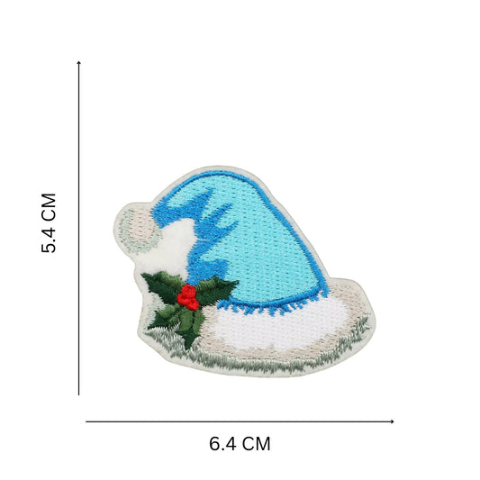 Blue Christmas Hat Embroidered Iron On Patch for Clothing Bags and Holiday Crafts