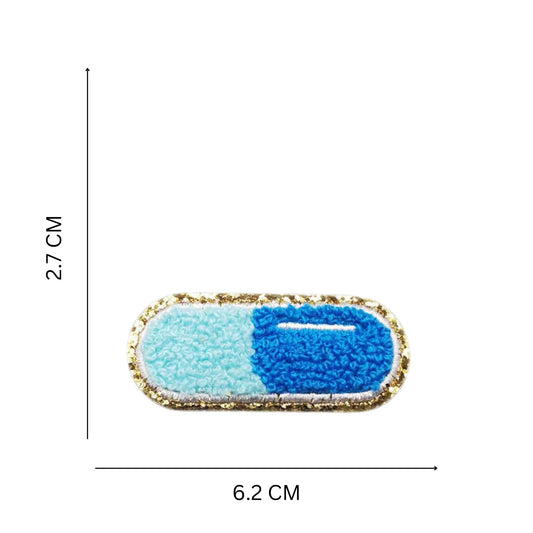 Pink & Blue Capsule Chenille Patch (6.2 × 2.7 cm) – Iron-On Patch for Denim, Backpacks & Pouches