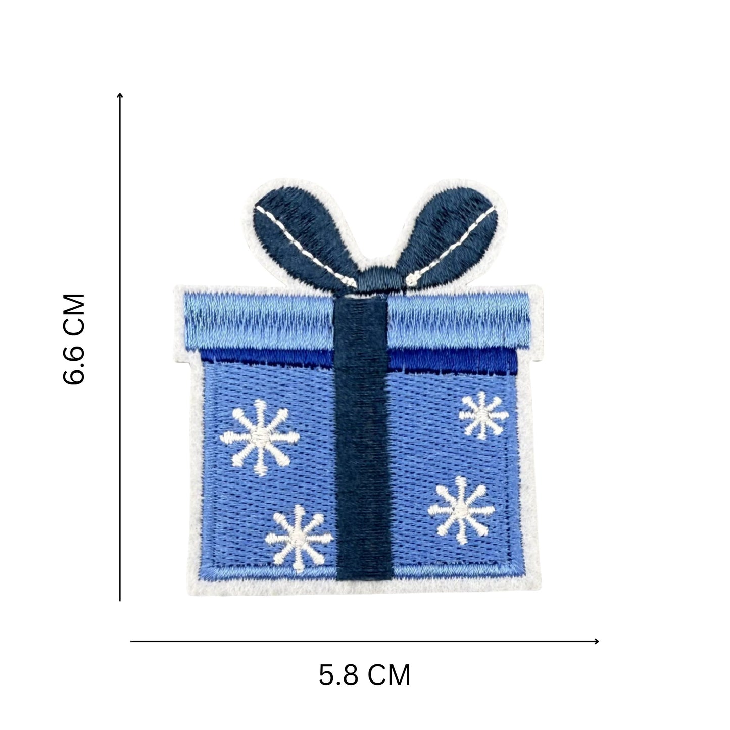 Blue Christmas Present Embroidered Iron-On Patch – Holiday Gift Box with Snowflake Design