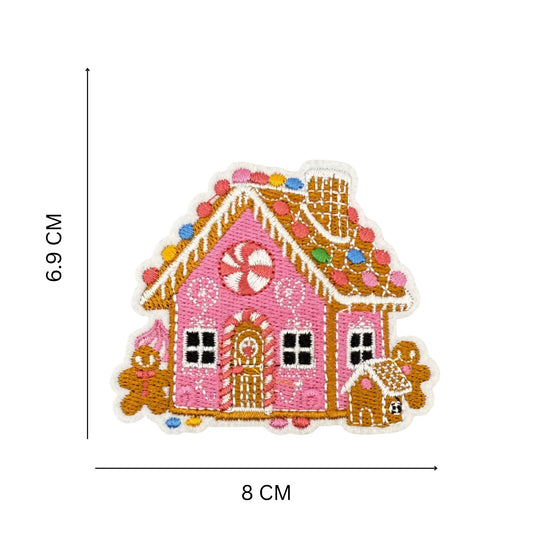 Christmas Gingerbread House Patch (8 x 6.9 cm) – Pink Embroidered Iron-On Holiday Patch