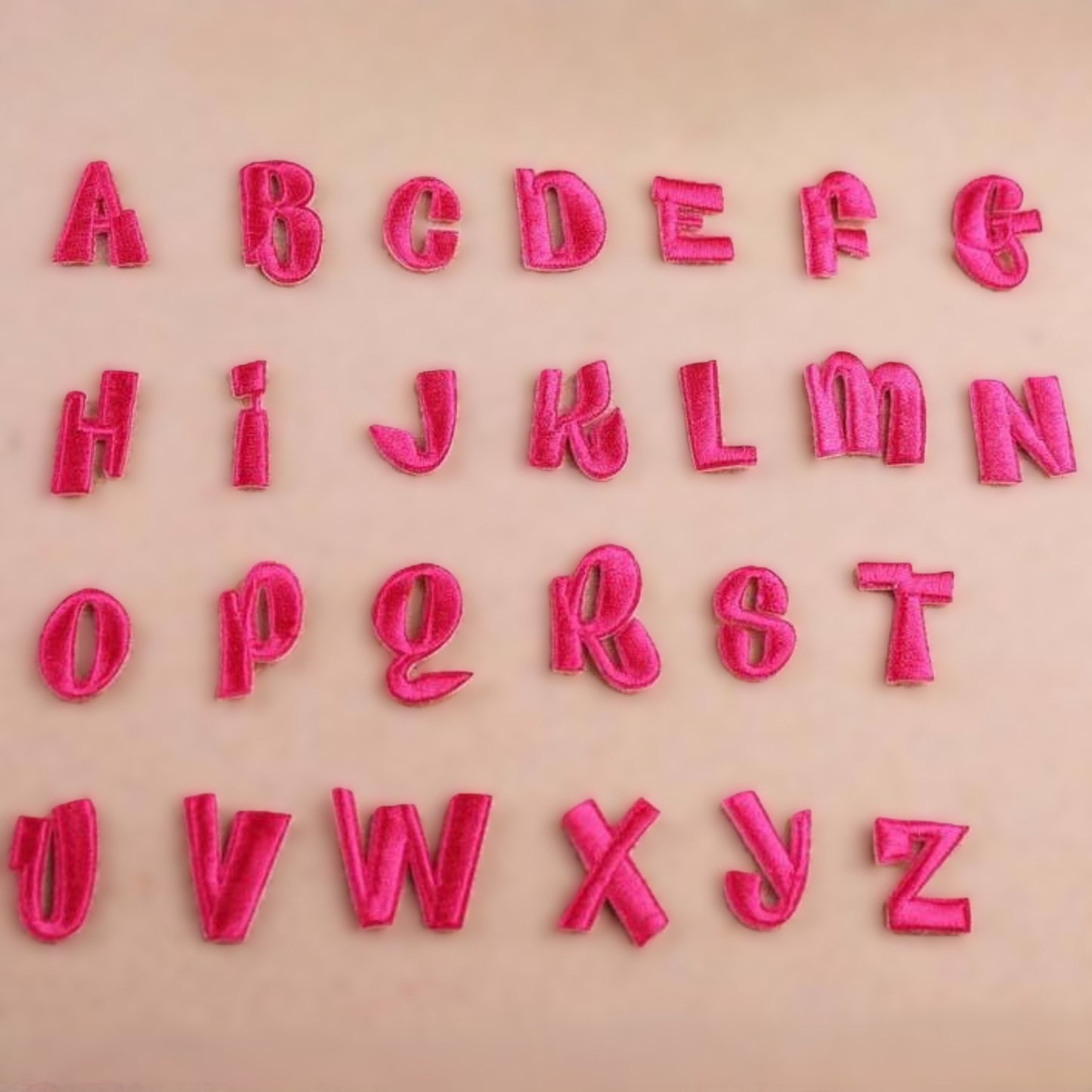Mini Iron-On Alphabet Patches (A–Z, 2.5 cm) – Rounded Thick Stroke Embroidered Letters in Black, White & Pink