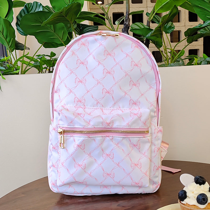 Durable Nylon Backpack for Kids – Perfect for School & Play, Customizable with Patches & Fun Details ''White & Pink Bow Print''