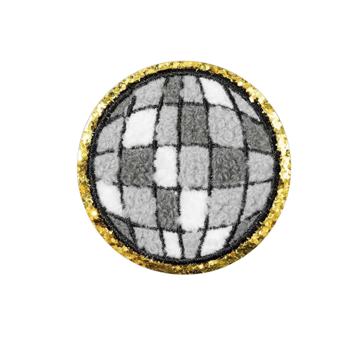 Iron-On Patch, Grey Disco Ball Chenille Patch with Gold Edges for Clothes & Accessories