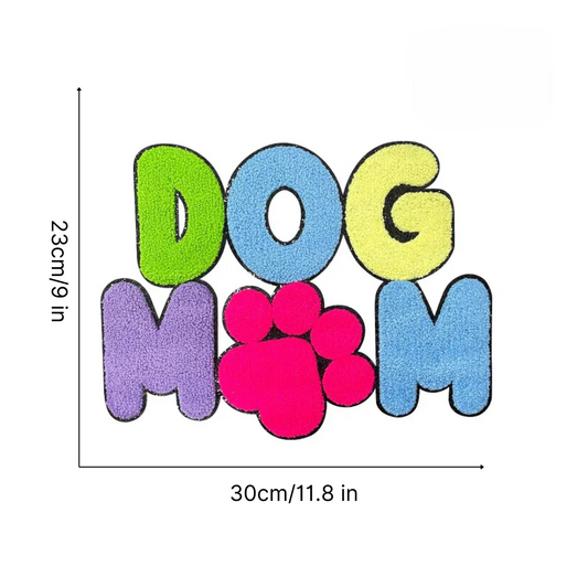 Iron On Big Chenille Black Glitter Edge "Dog Mom" Patch