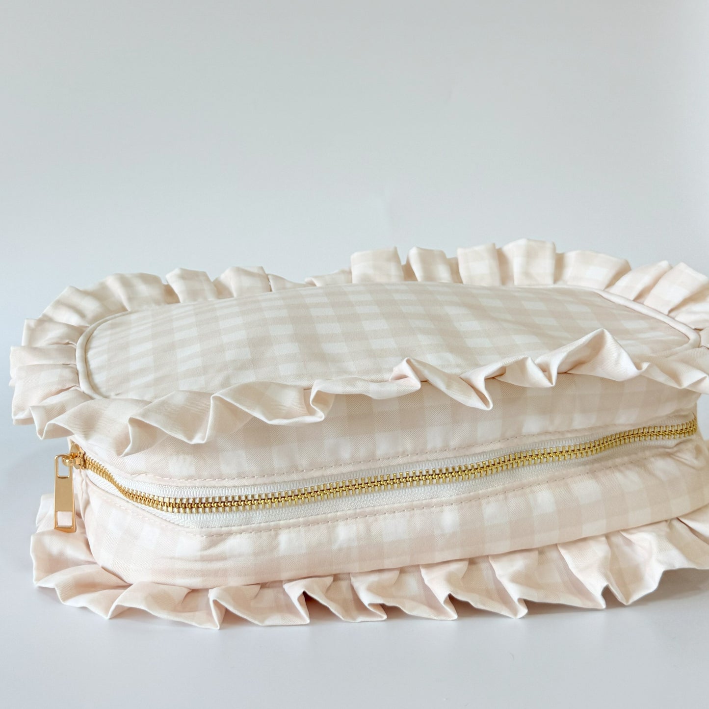Elegant & Spacious, Perfect for Makeup, Skincare, and Tech Essentials - Large Ruffle Gingham Pouch