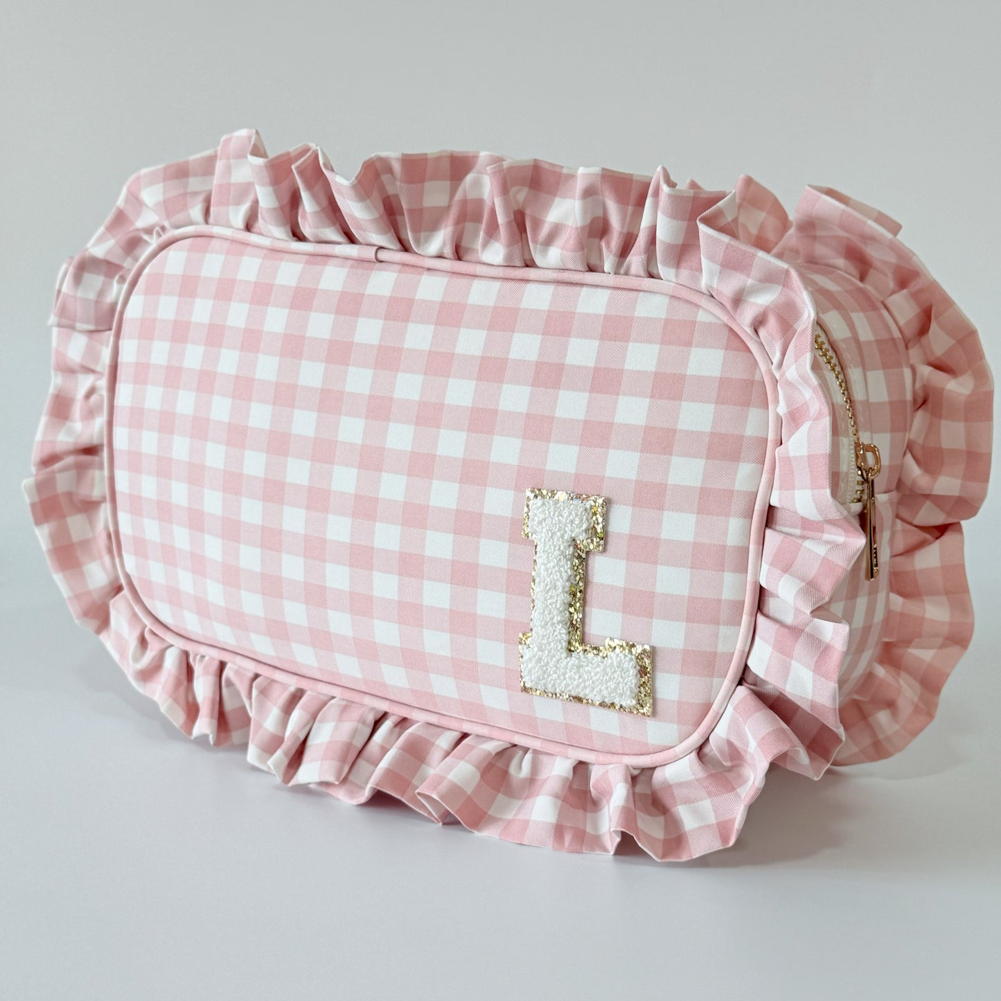 Elegant & Spacious, Perfect for Makeup, Skincare, and Tech Essentials - Large Ruffle Gingham Pouch