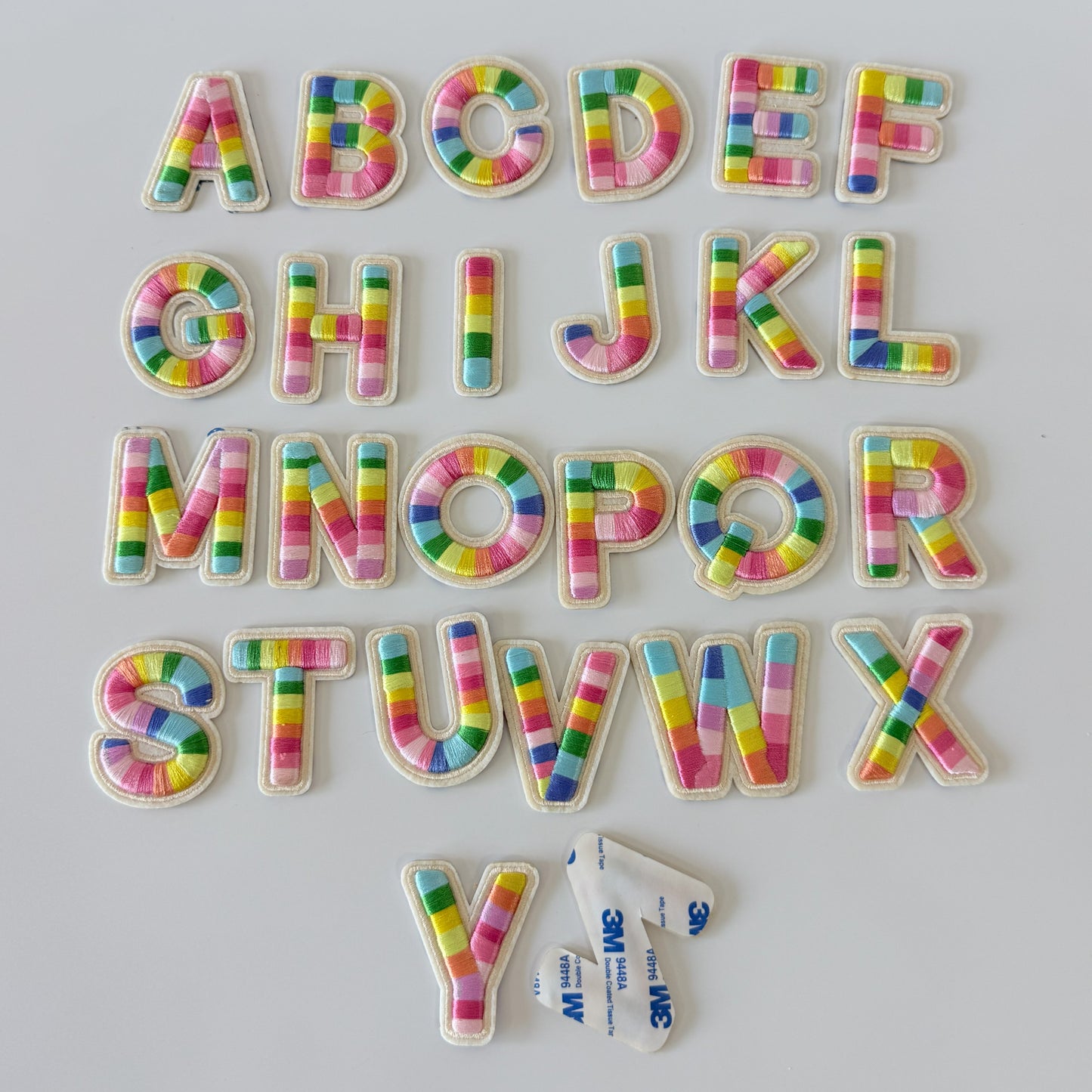 Iron-On/Self-Adhesive Exquisite 3D Stereo Embroidery Colorful Letter Patches, Full Set A-Z, Size 5.5 cm (2.17 inches) approximately