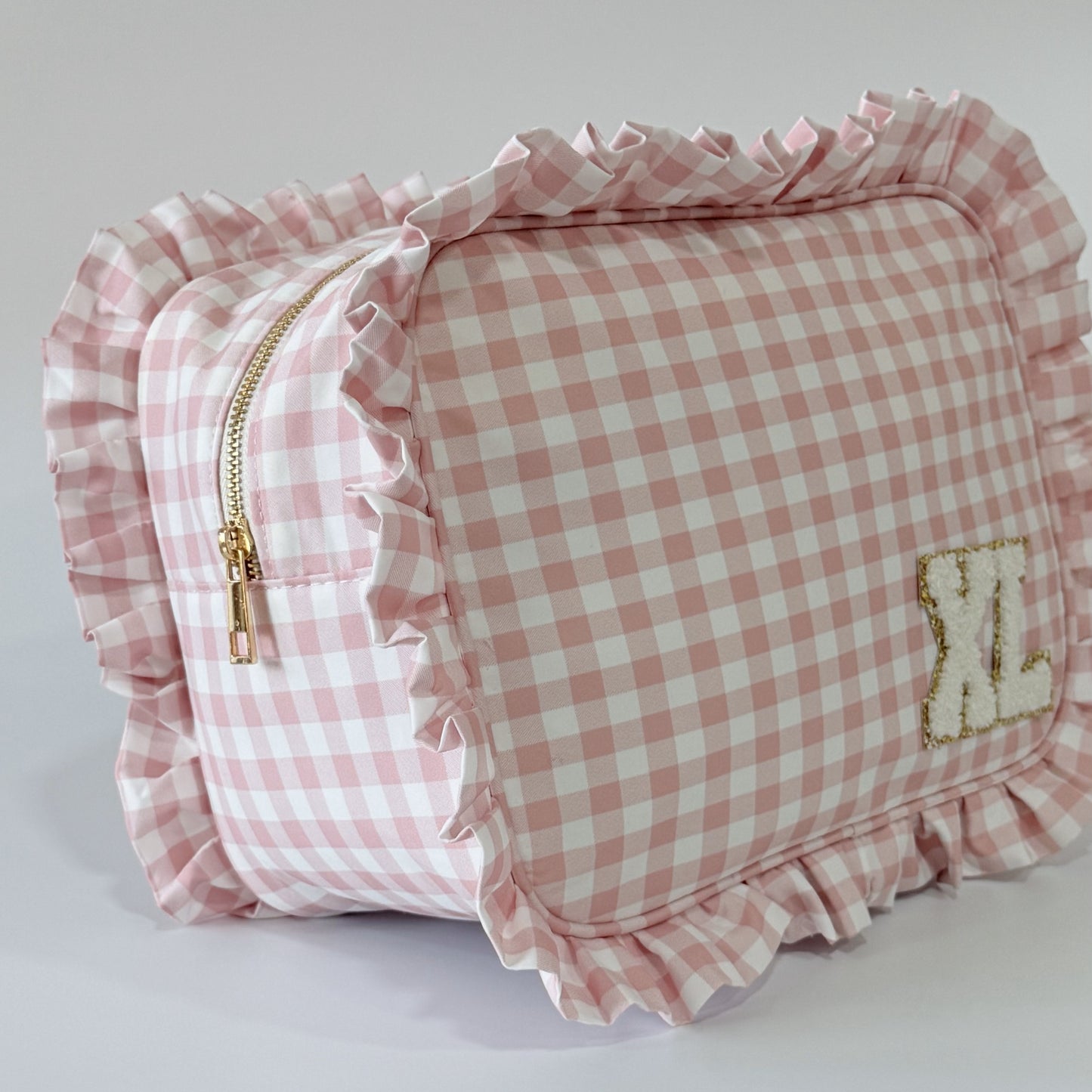 Chic & Spacious for Clothing, Hair Tools & Larger Essentials - Extra Large Ruffle Gingham Pouch