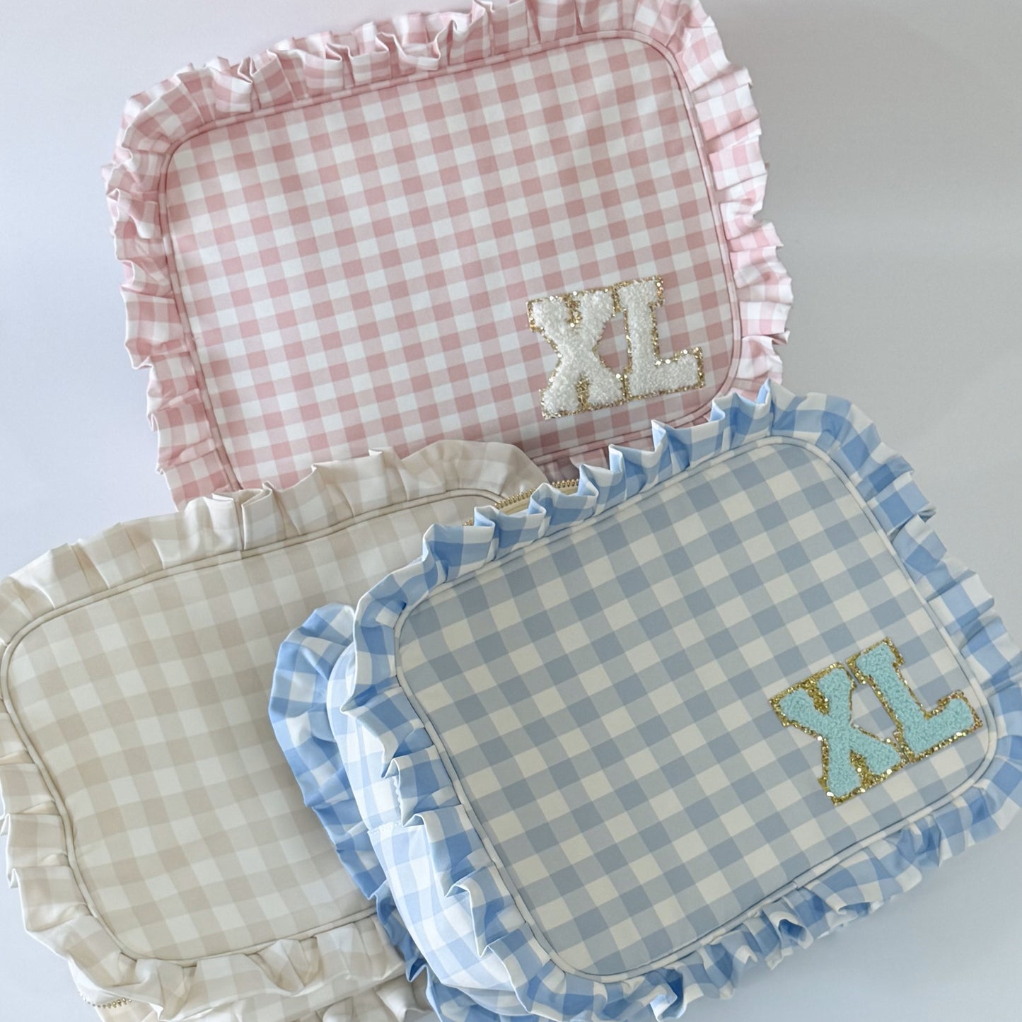 Chic & Spacious for Clothing, Hair Tools & Larger Essentials - Extra Large Ruffle Gingham Pouch
