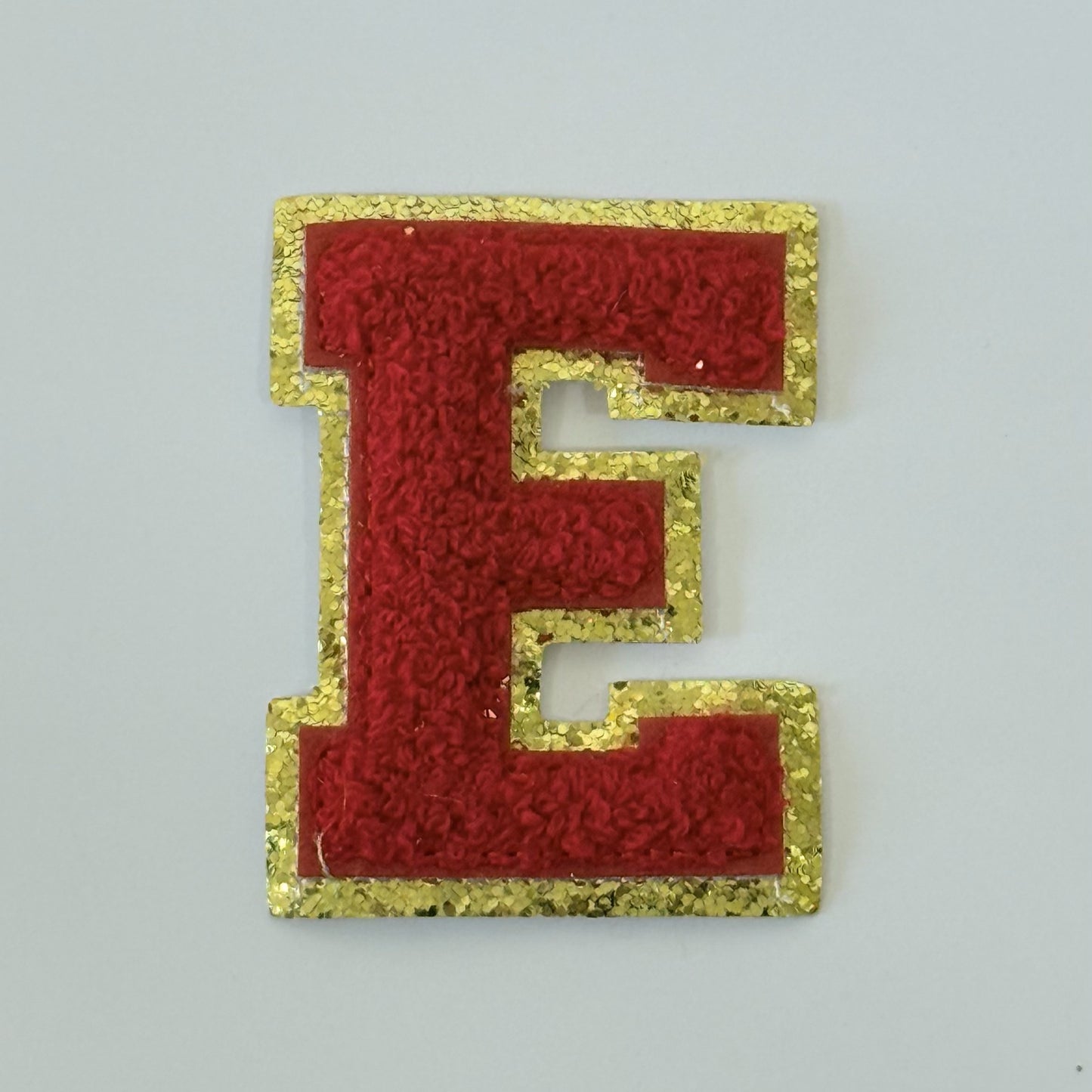 Iron On/Sew On 8cm Glitter Gold Edge Colorful Embroidered Letter "E"