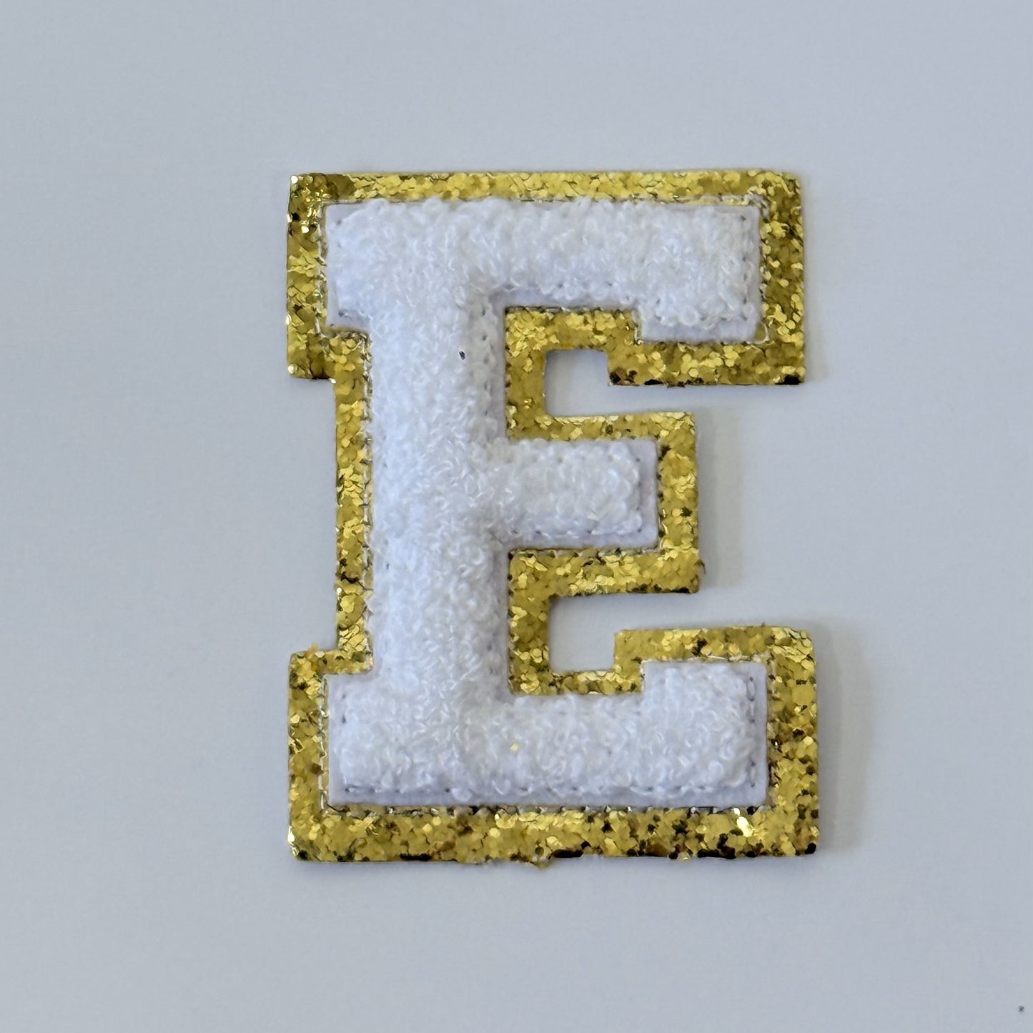Iron On/Sew On 8cm Glitter Gold Edge Colorful Embroidered Letter "E"