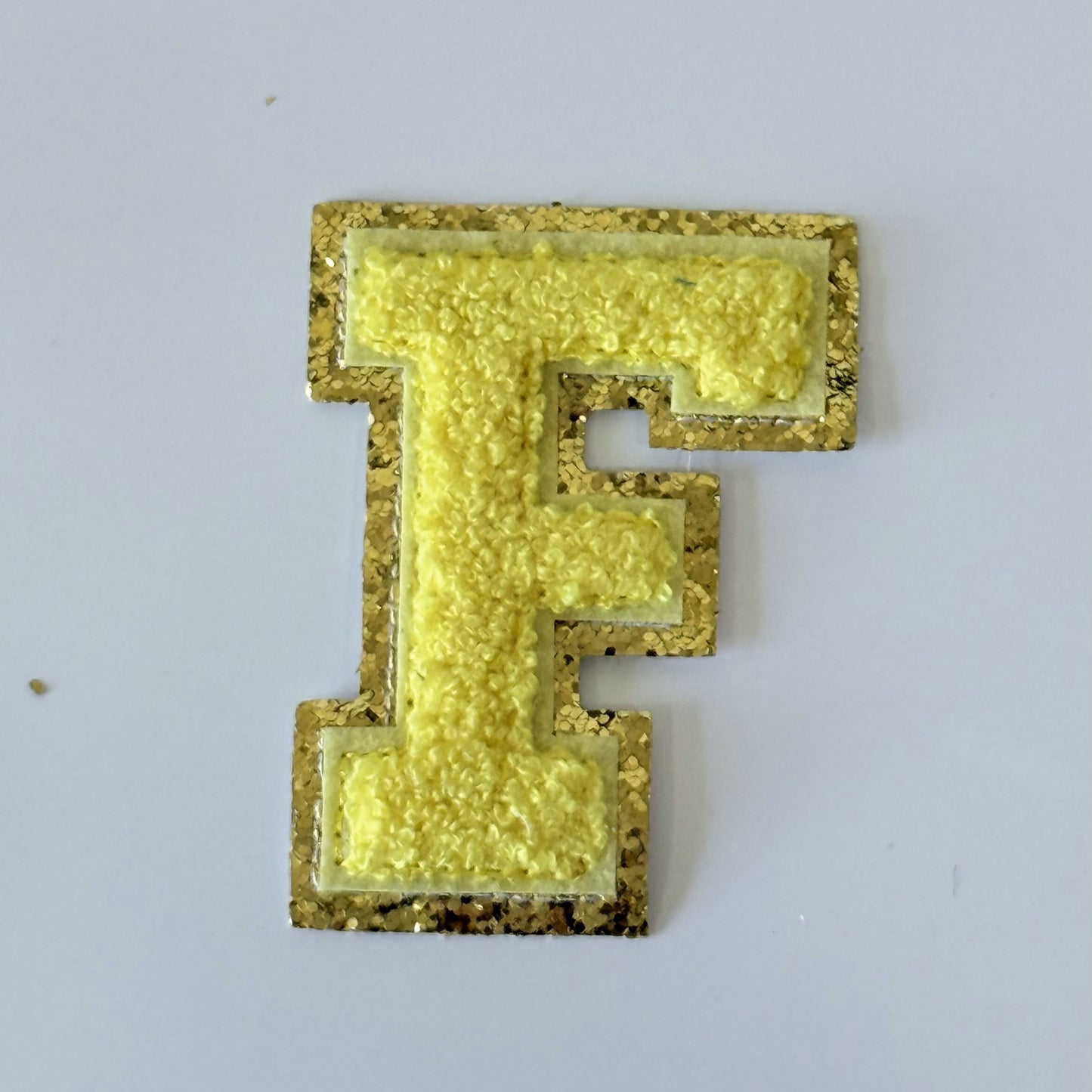 Iron On/Sew On 8cm Glitter Gold Edge Colorful Embroidered Letter "F"