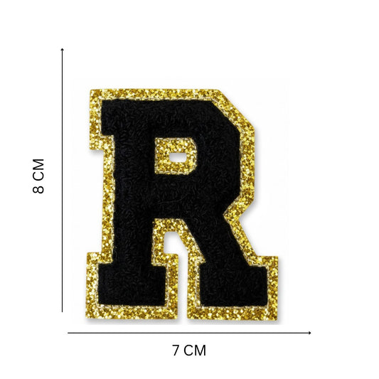 Iron On/Sew On 8cm Glitter Gold Edge Colorful Embroidered Letter "R''