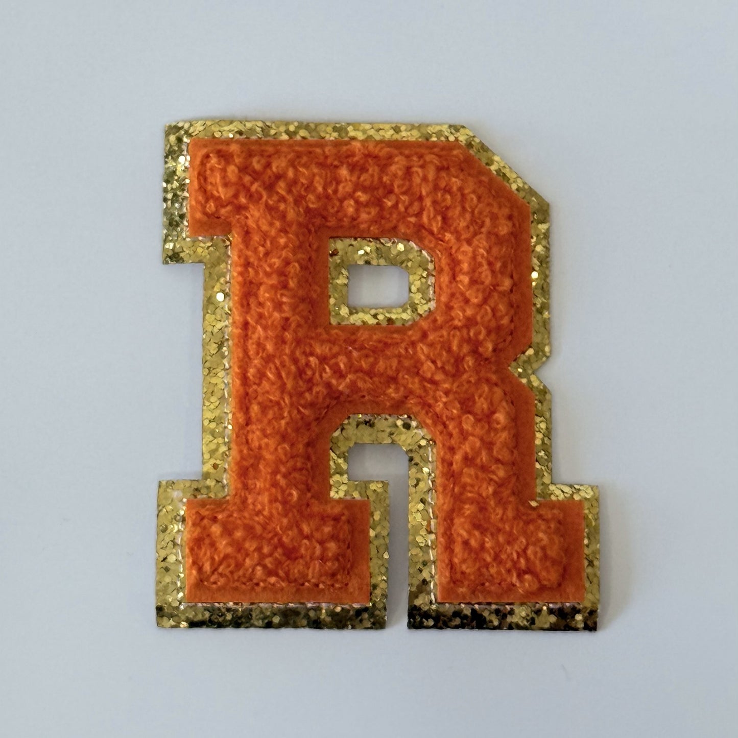 Iron On/Sew On 8cm Glitter Gold Edge Colorful Embroidered Letter "R''
