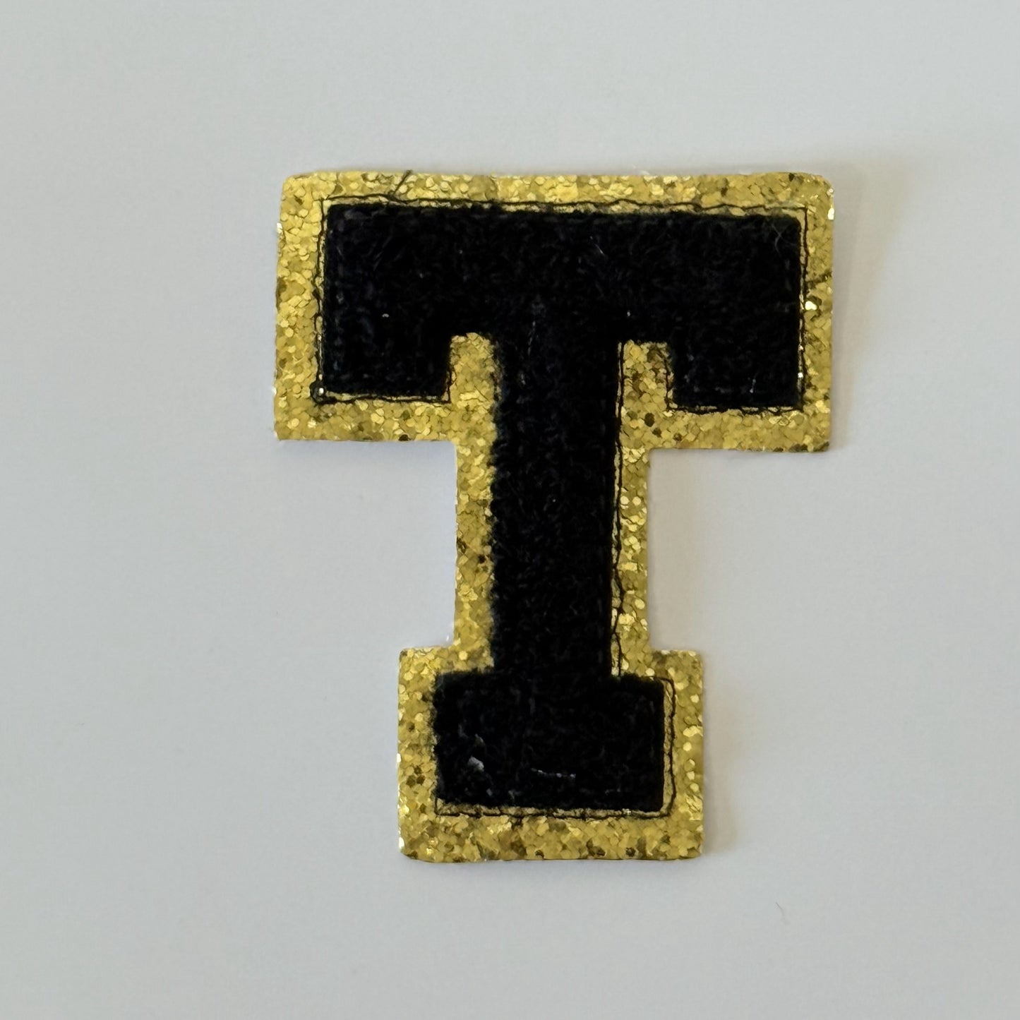 Iron On/Sew On 8cm Glitter Gold Edge Colorful Embroidered Letter "T''