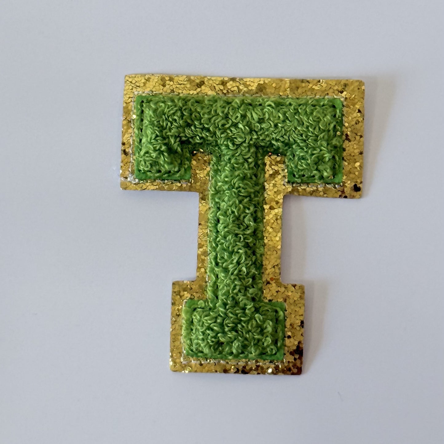 Iron On/Sew On 8cm Glitter Gold Edge Colorful Embroidered Letter "T''