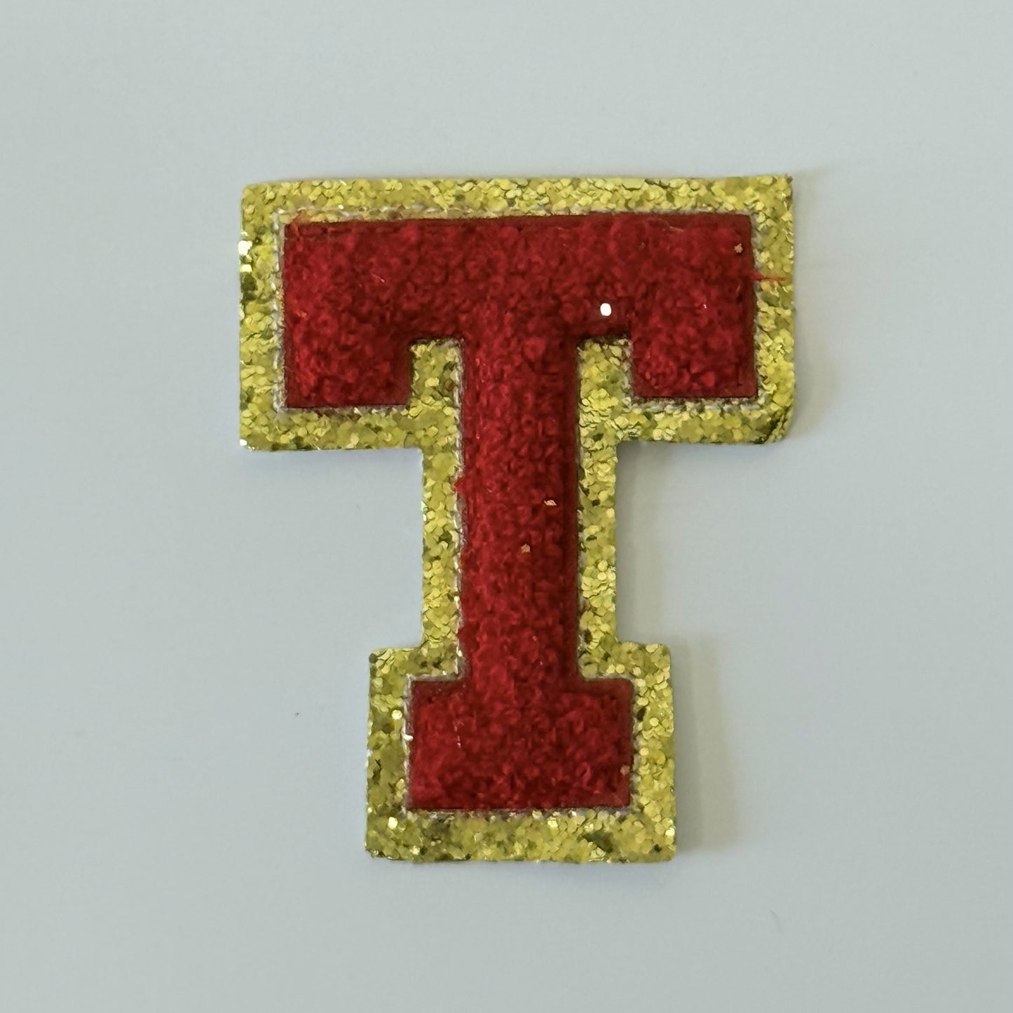 Iron On/Sew On 8cm Glitter Gold Edge Colorful Embroidered Letter "T''