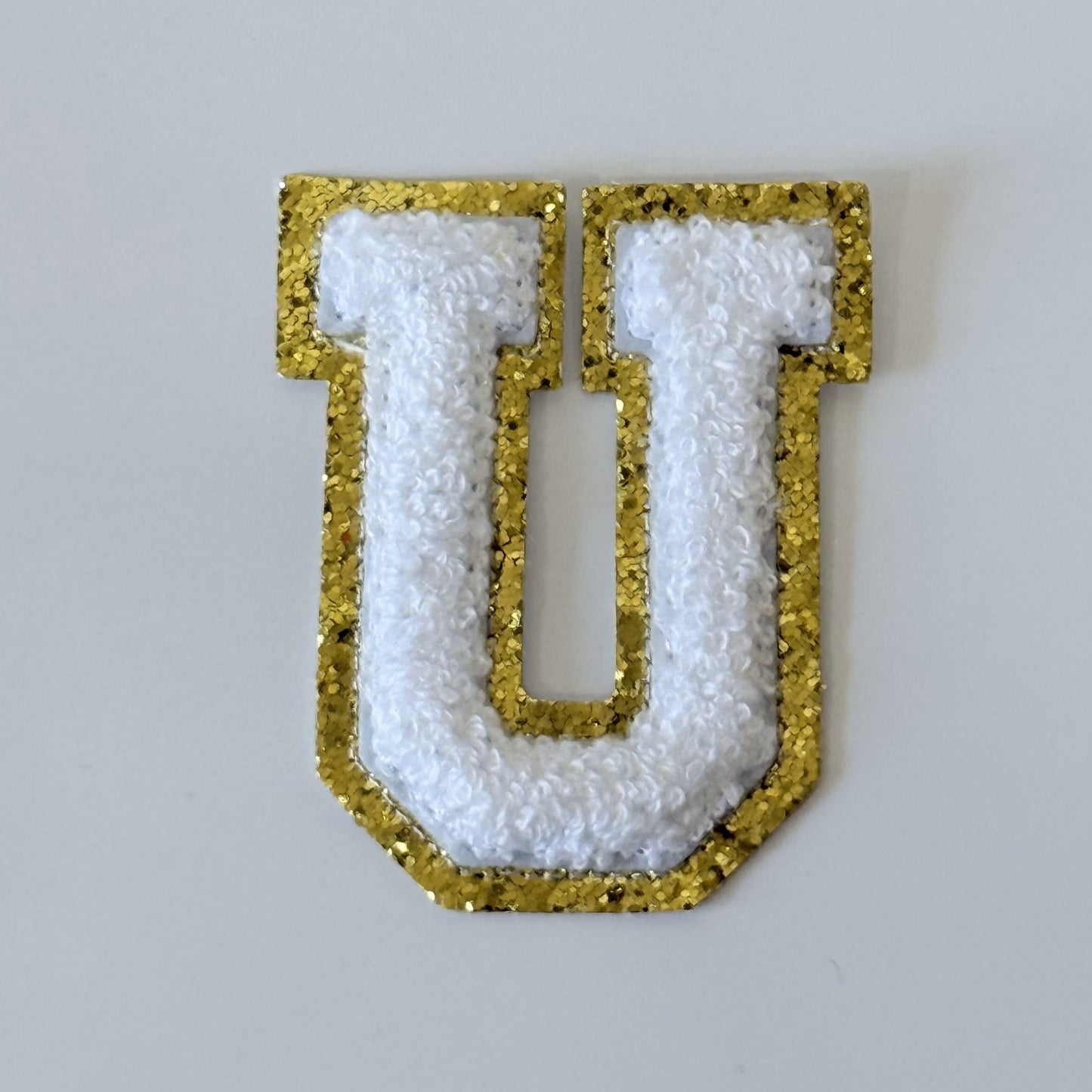Iron On/Sew On 8cm Glitter Gold Edge Colorful Embroidered Letter "U''