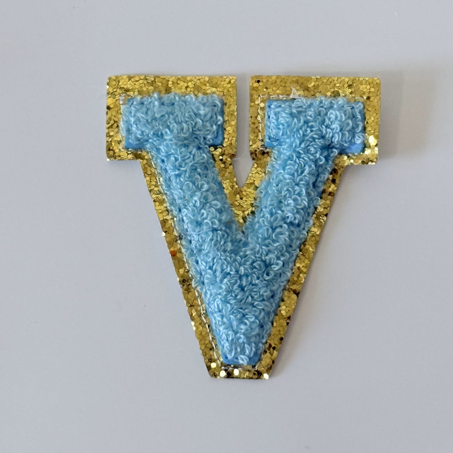 Iron On/Sew On 8cm Glitter Gold Edge Colorful Embroidered Letter "V''
