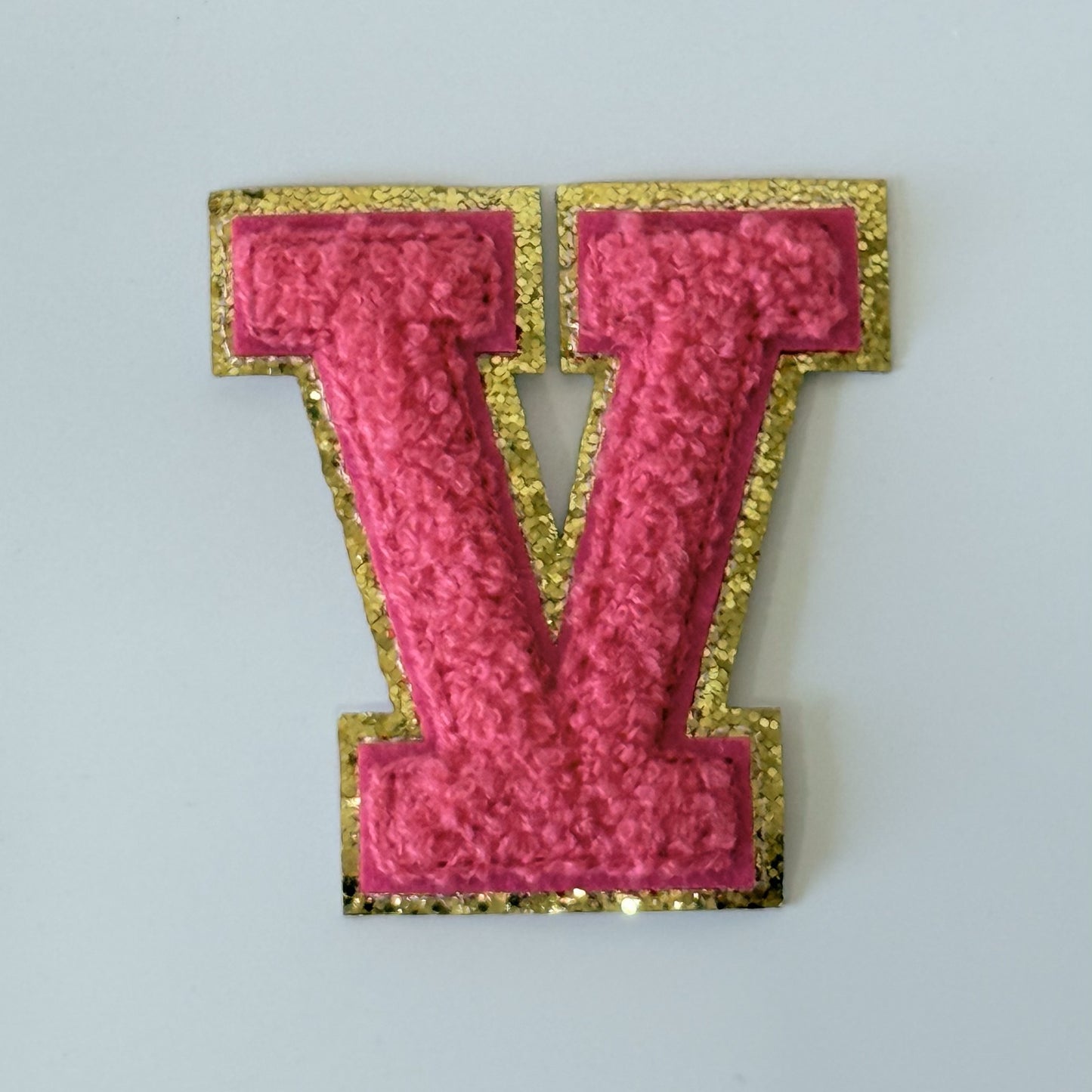 Iron On/Sew On 8cm Glitter Gold Edge Colorful Embroidered Letter "V''