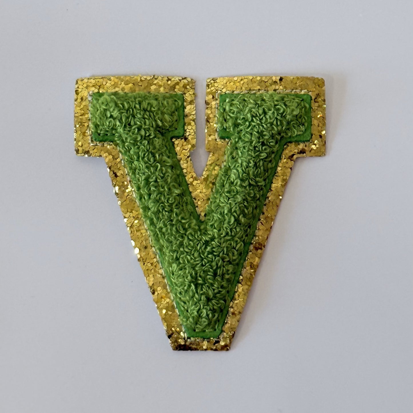 Iron On/Sew On 8cm Glitter Gold Edge Colorful Embroidered Letter "V''