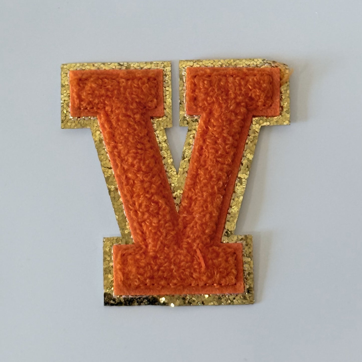 Iron On/Sew On 8cm Glitter Gold Edge Colorful Embroidered Letter "V''