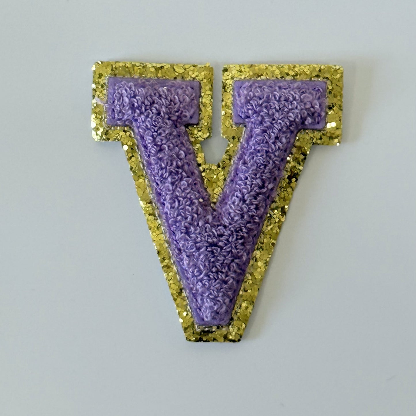 Iron On/Sew On 8cm Glitter Gold Edge Colorful Embroidered Letter "V''