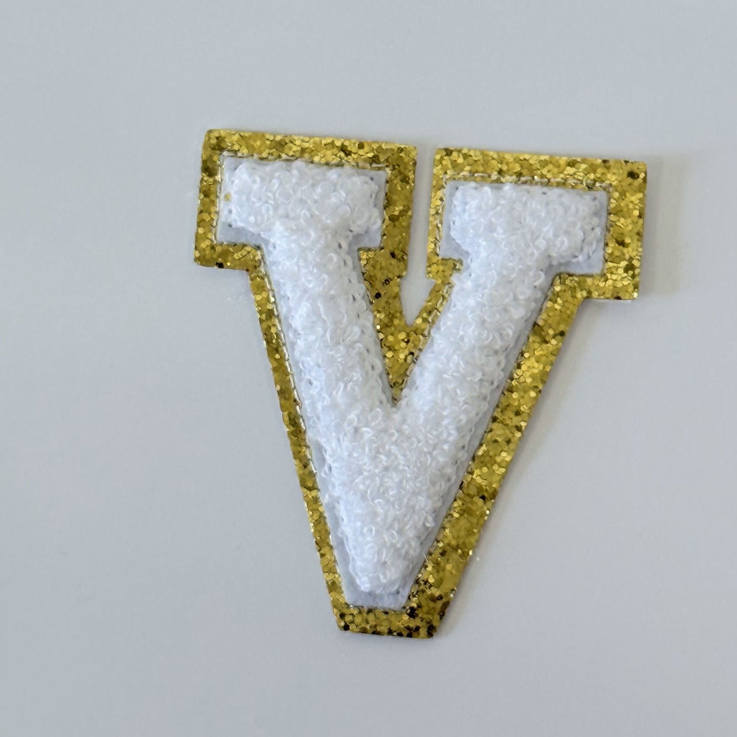 Iron On/Sew On 8cm Glitter Gold Edge Colorful Embroidered Letter "V''