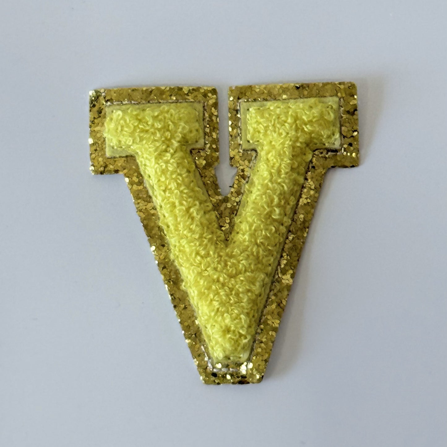 Iron On/Sew On 8cm Glitter Gold Edge Colorful Embroidered Letter "V''