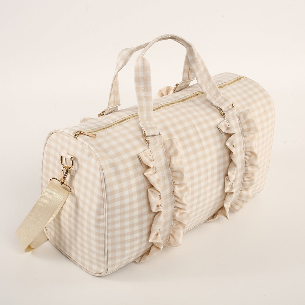 Gingham Ruffle Duffel Bag – Chic & Elegant, Perfect as a Dance Bag, Ballet Bag, Gym Bag, Weekend Bag, or Overnight Travel Bag, Personalizable with Letters and Fun Patches