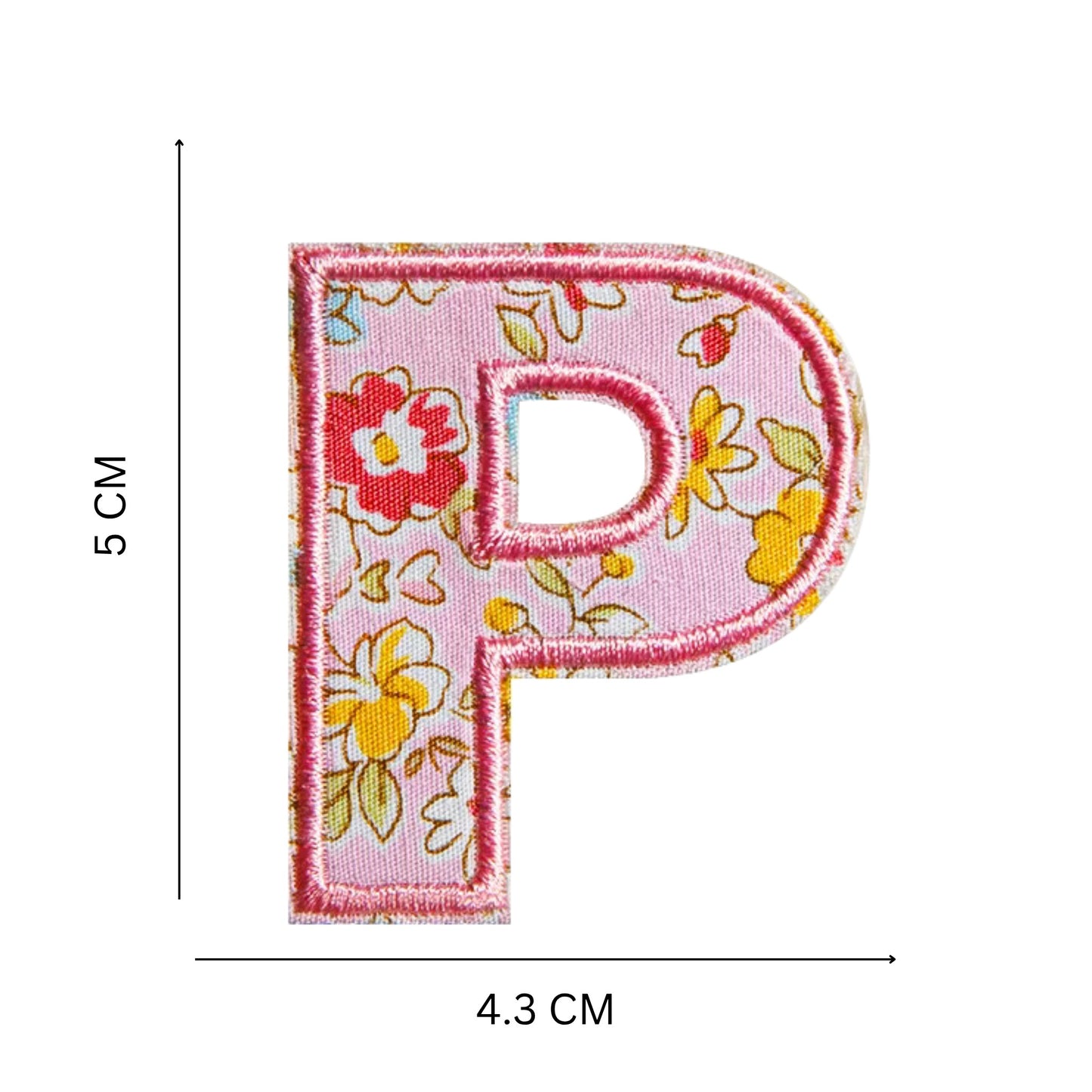 Floral Letter Patches – 5 cm Printed Fabric Alphabet with Embroidered Outline, Iron-On for Clothes & Hats