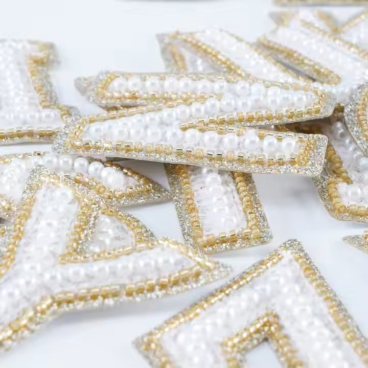 Iron On/Sew On Premium Quality Glitter Pearl Letters Patches, Size 6.5 Cm Height
